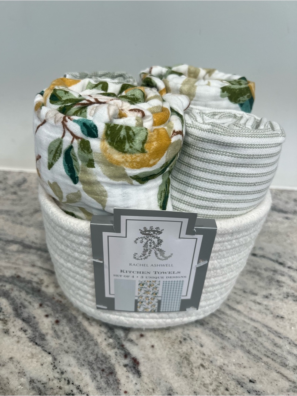 4 Rachel Ashwell lemons & Stripe Kitchen Towel Set with basket